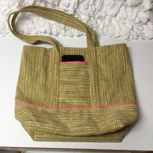 HANDMADE Tote with Side Pocket Natural Green Pink NWOT